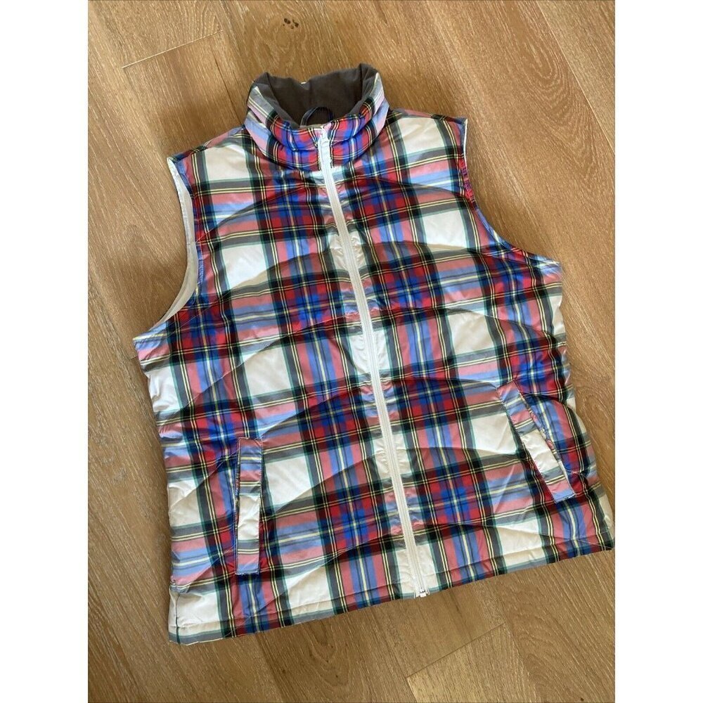 Lands' End White Red Blue Plaid Full Zip Puffer Vest Women's Size Large L 14/16